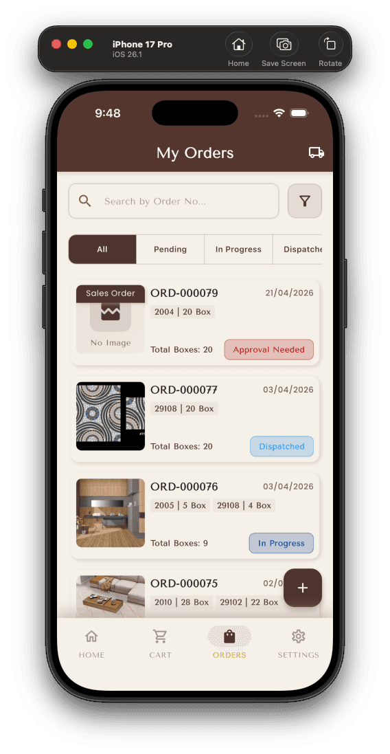 My Orders list with status filters
