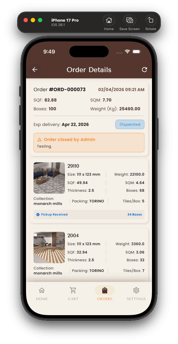 Order details — items, totals and pickup status