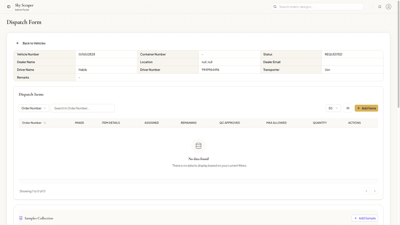 Dispatch form — assign items to vehicle
