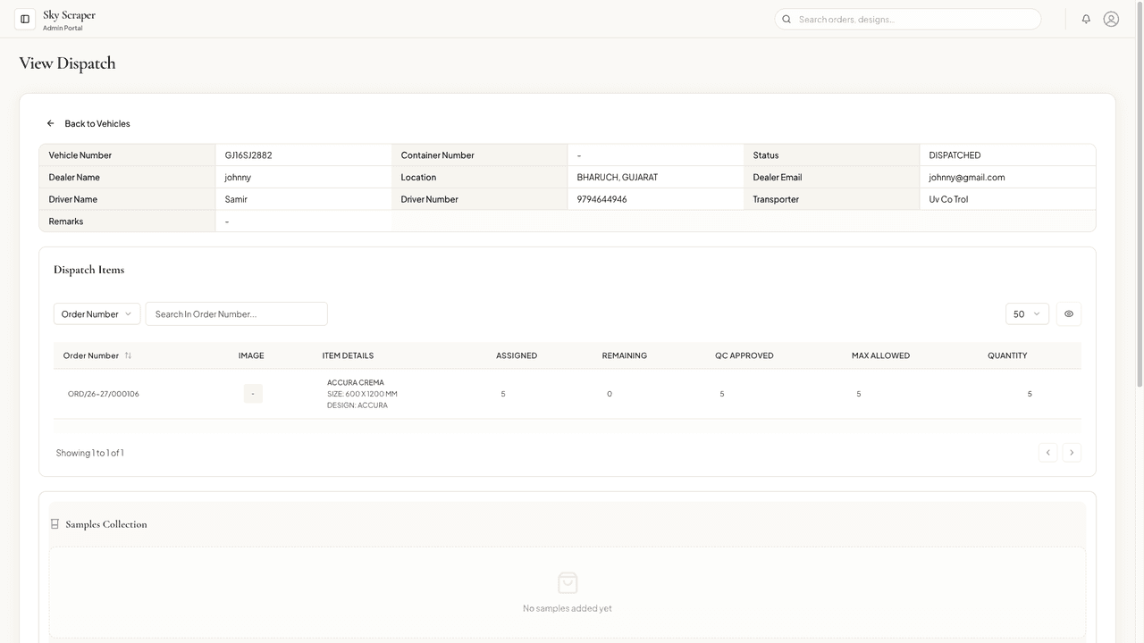 Completed dispatch — read-only shipment view