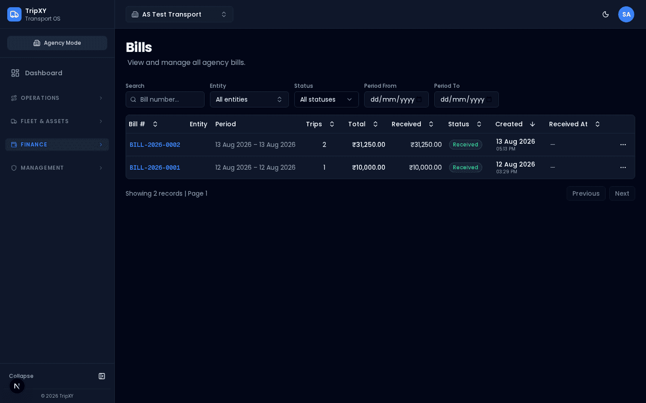 TripXY bills — dark theme