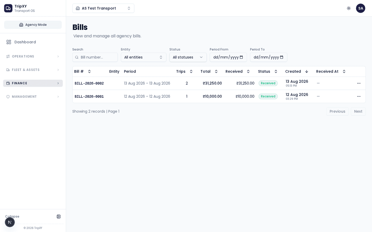TripXY bills — light theme