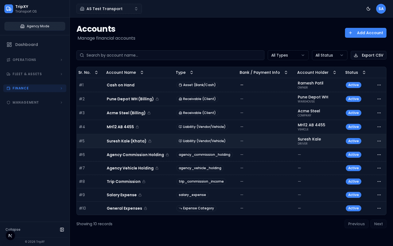 TripXY ledger — dark theme