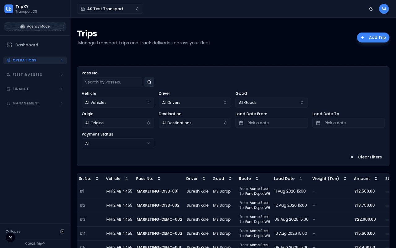 TripXY trip list — dark theme