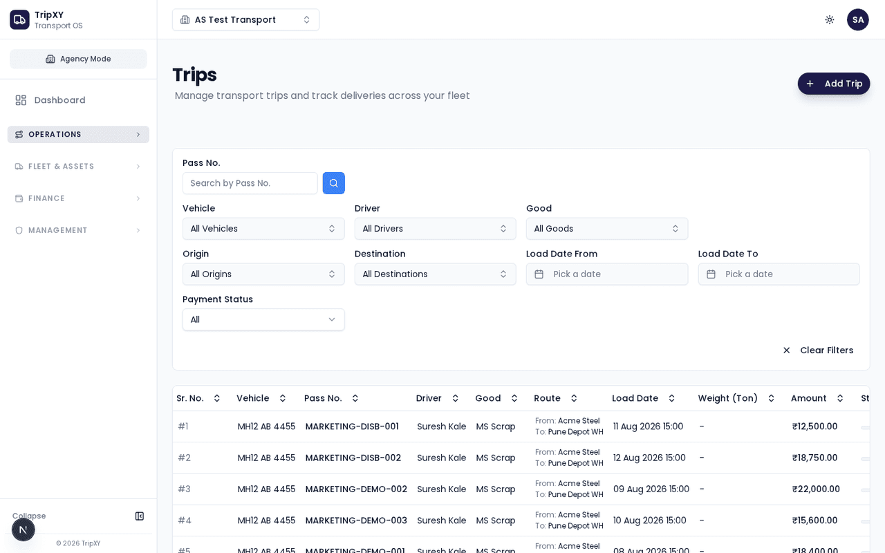 TripXY trip list — light theme