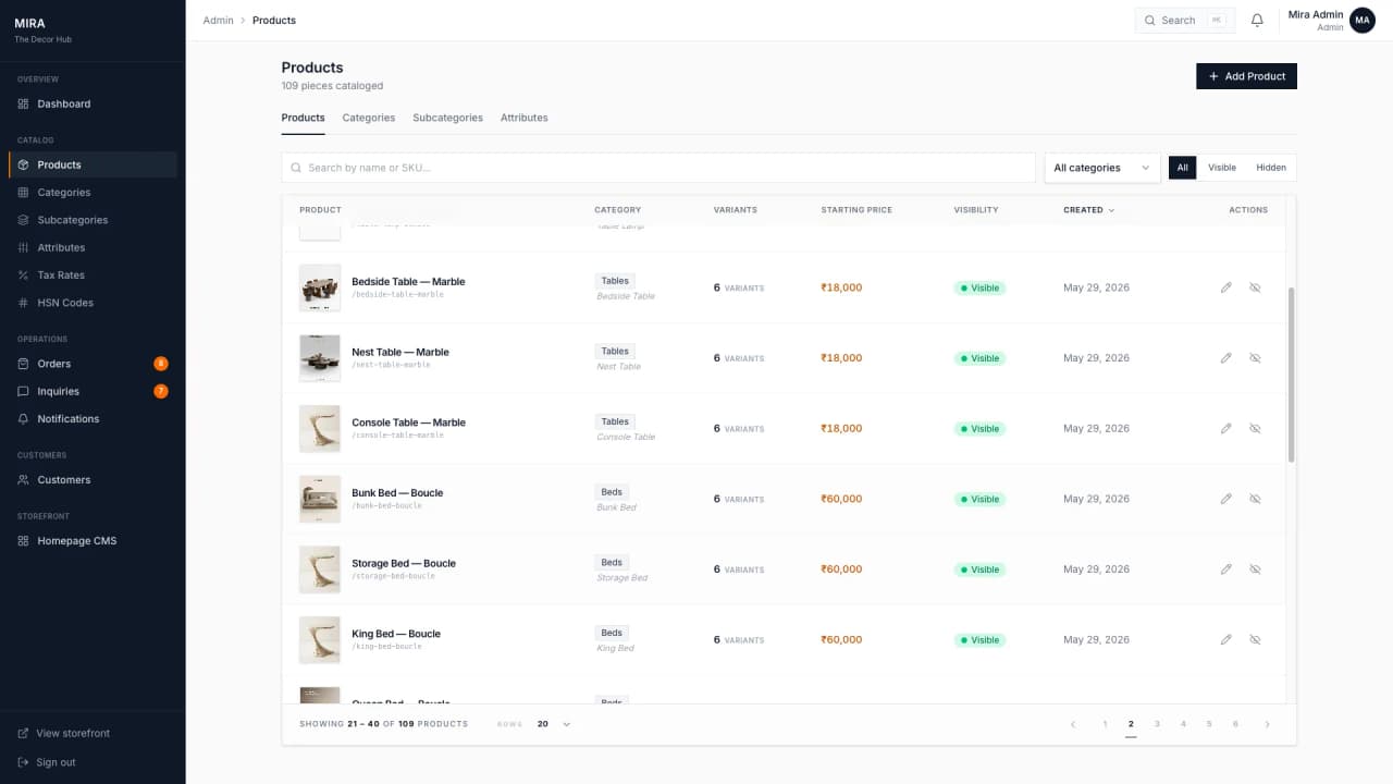 Products catalog admin list