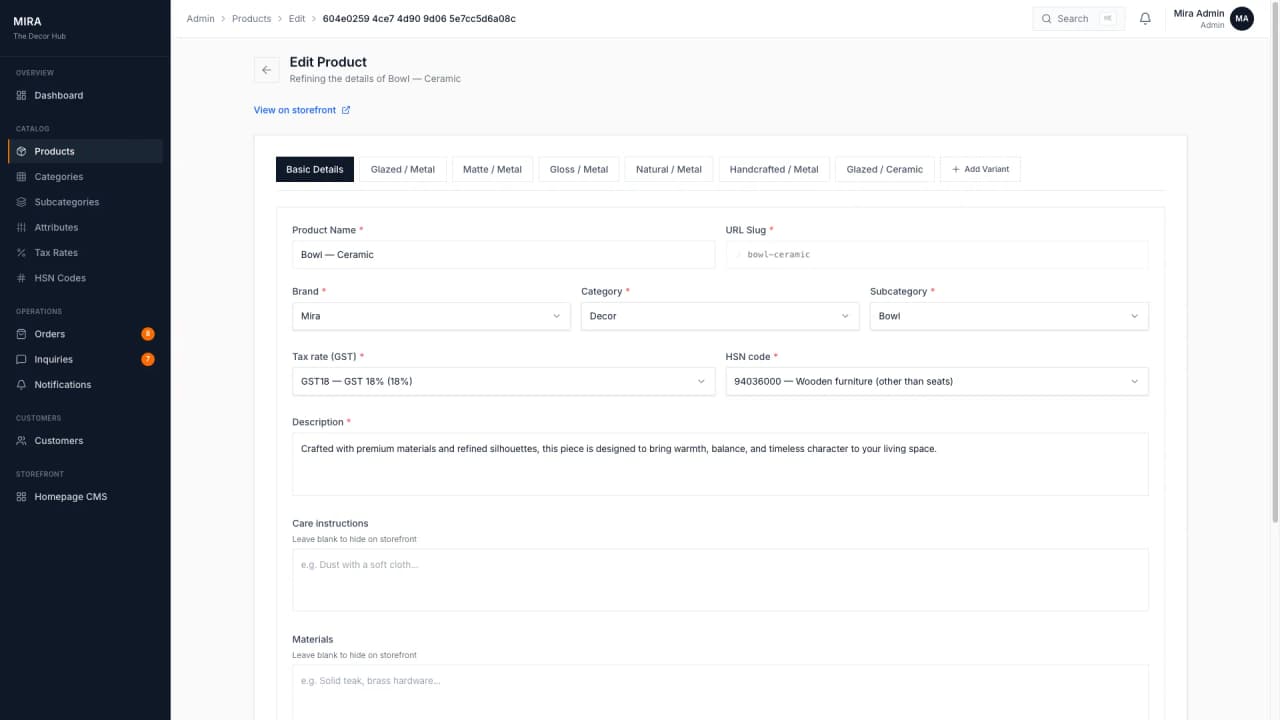 Product edit form with media and tax