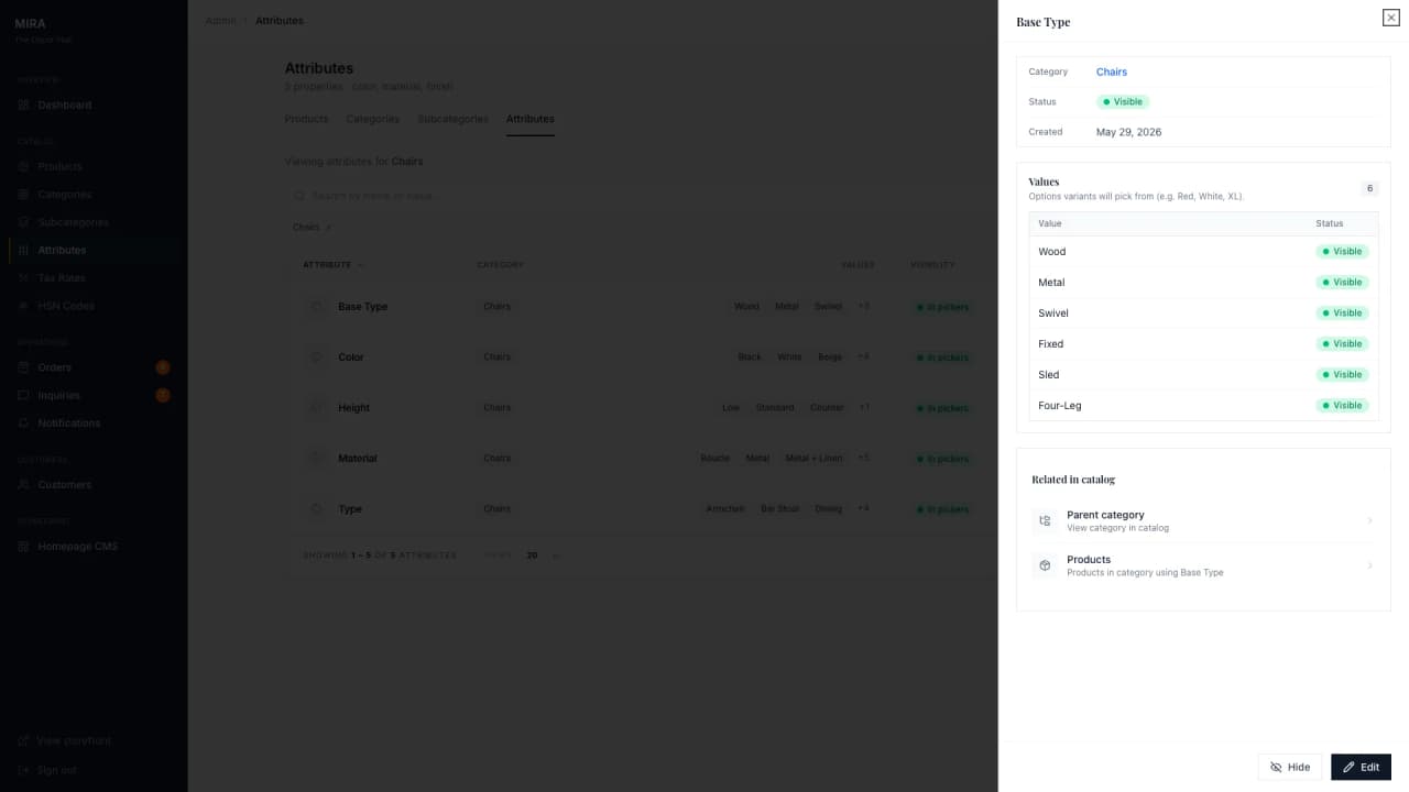 Attributes admin with Chairs Base Type side sheet