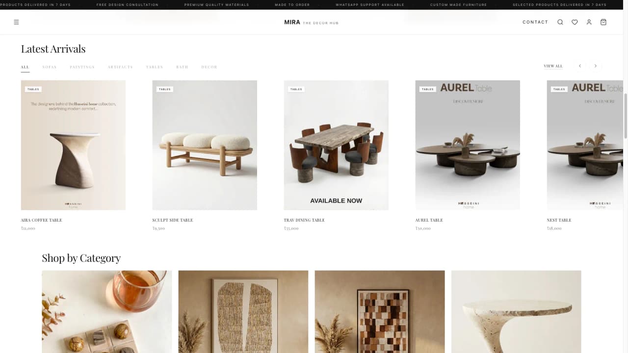 Latest Arrivals with category tabs