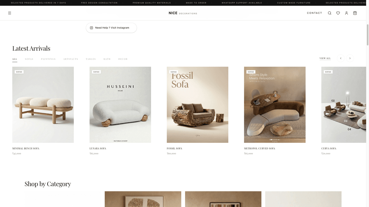 Latest Arrivals with category tabs