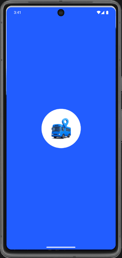 Blue splash screen with bus and location pin icon