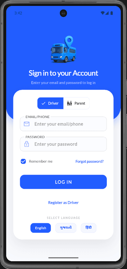 Sign in screen with Driver role selected and empty form
