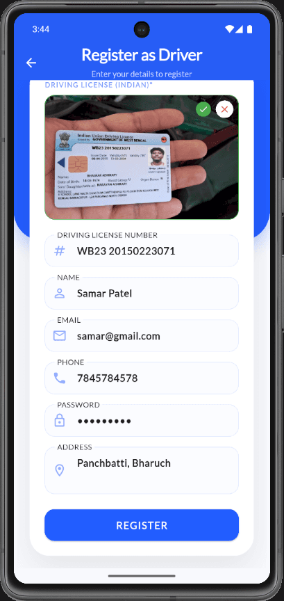 Register as Driver form with license upload