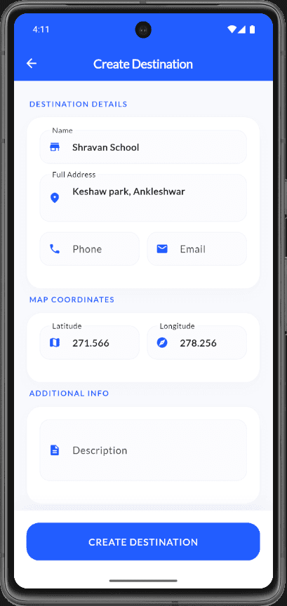Create Destination form