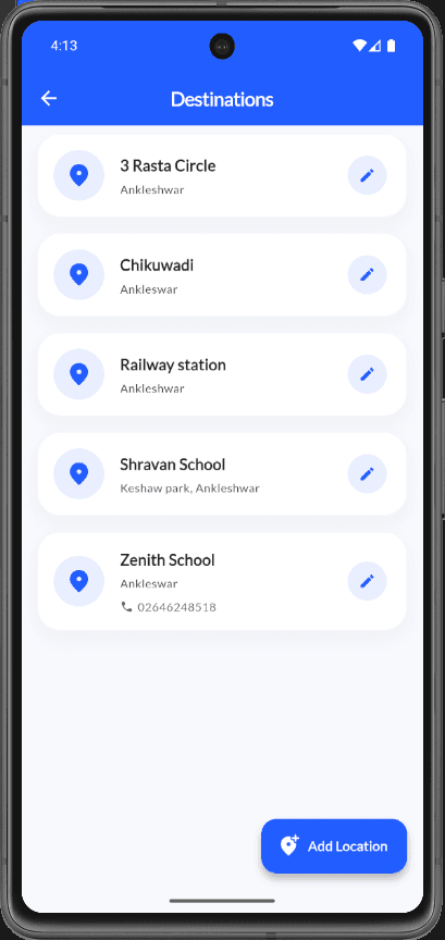 Destinations list screen