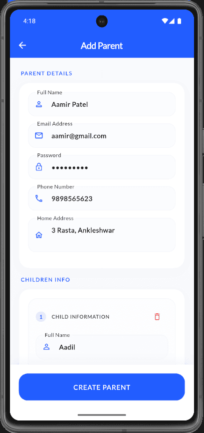 Add Parent form with parent details