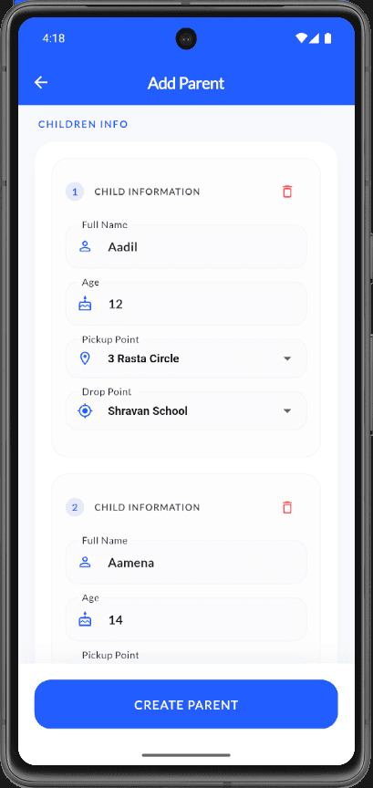 Add Parent form with children info