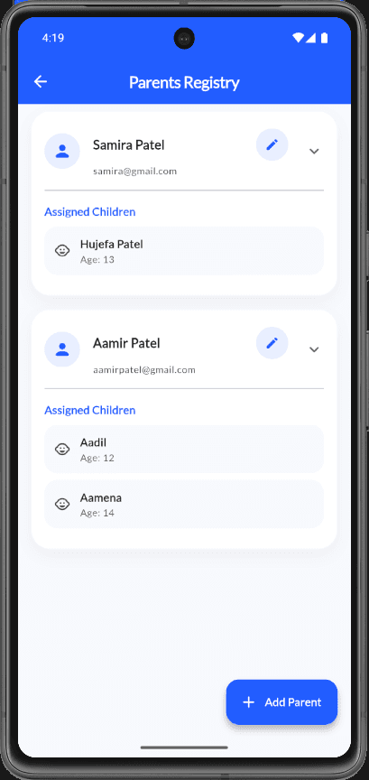 Parents Registry list