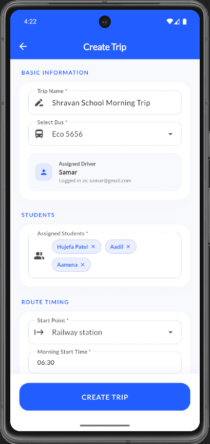 Create Trip form with basic info and students