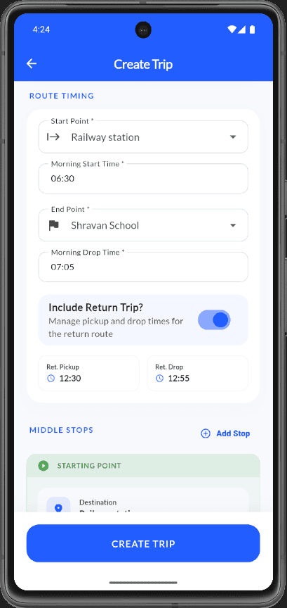 Create Trip form with route timing and stops