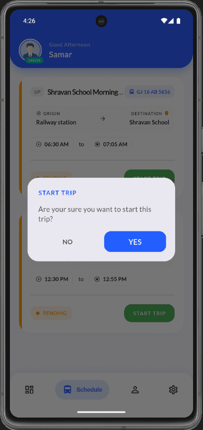 Driver schedule start trip confirmation modal