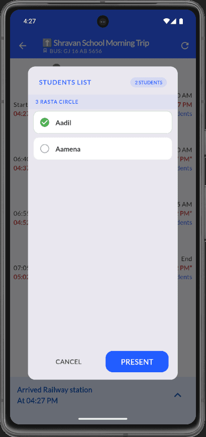 Students list attendance modal at stop