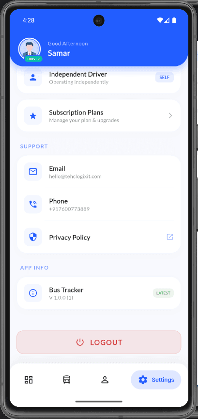 Driver settings with support and logout
