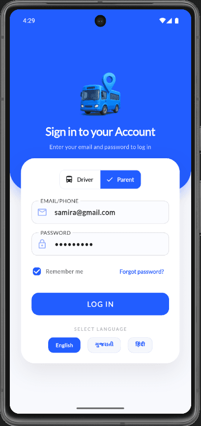 Parent sign in with filled credentials