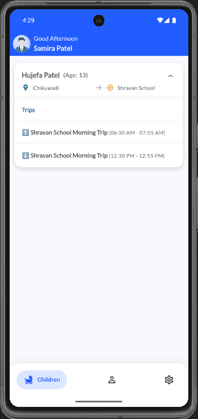 Parent children dashboard with trips