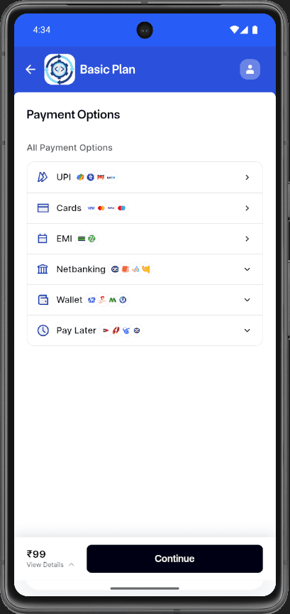 Basic Plan payment options screen