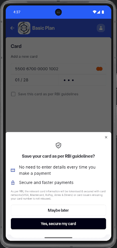 Card payment with RBI save card modal