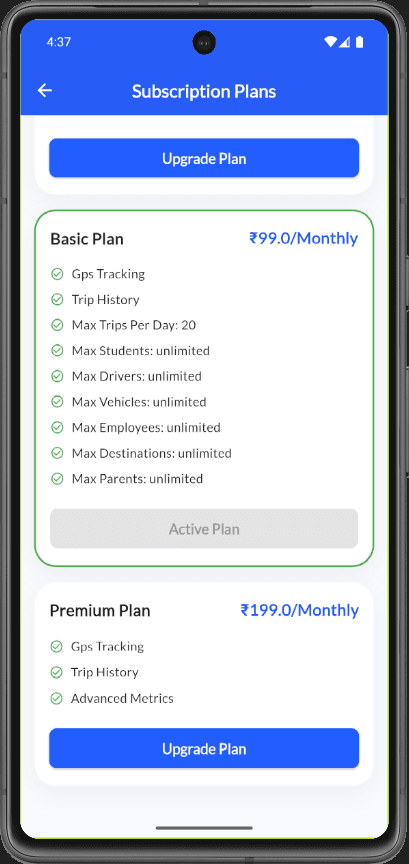 Subscription Plans with Basic Plan active