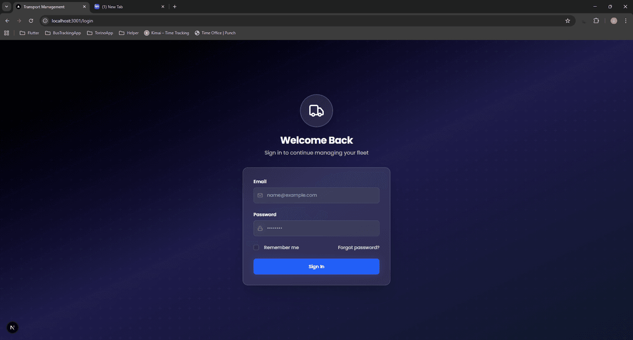 TMS web admin login screen