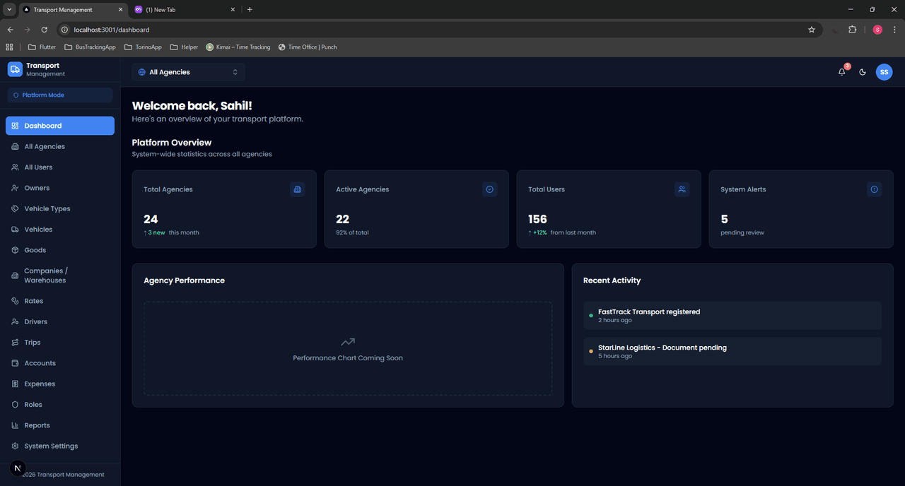 TMS platform dashboard — dark theme