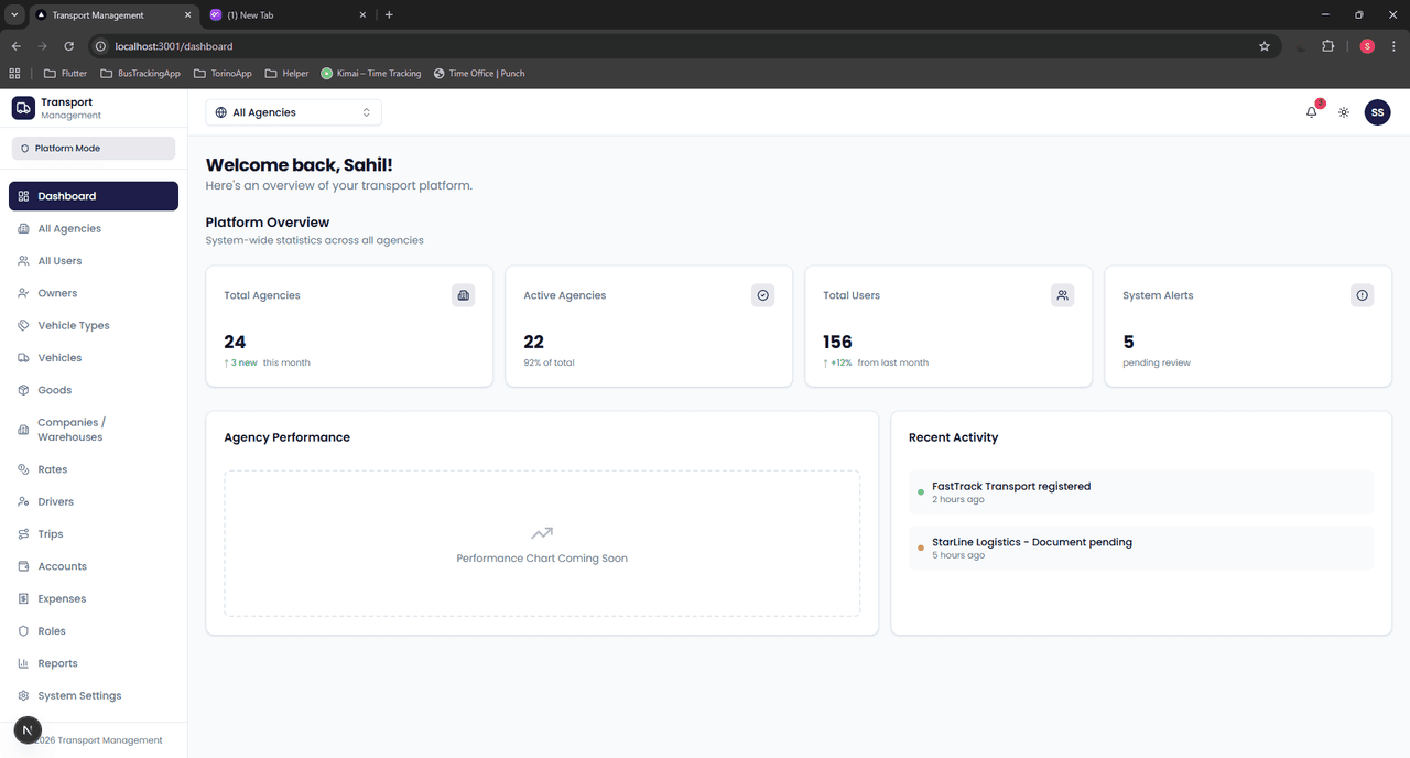 TMS platform dashboard — light theme
