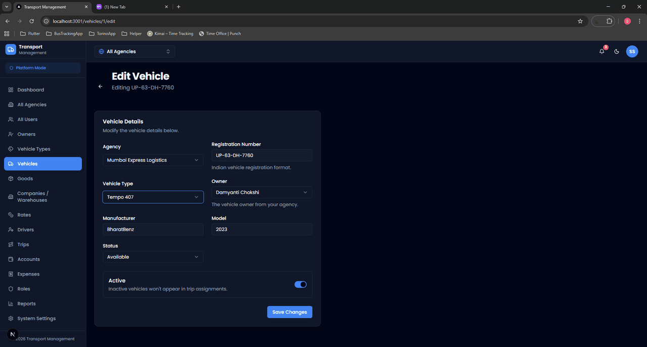 TMS vehicle edit form