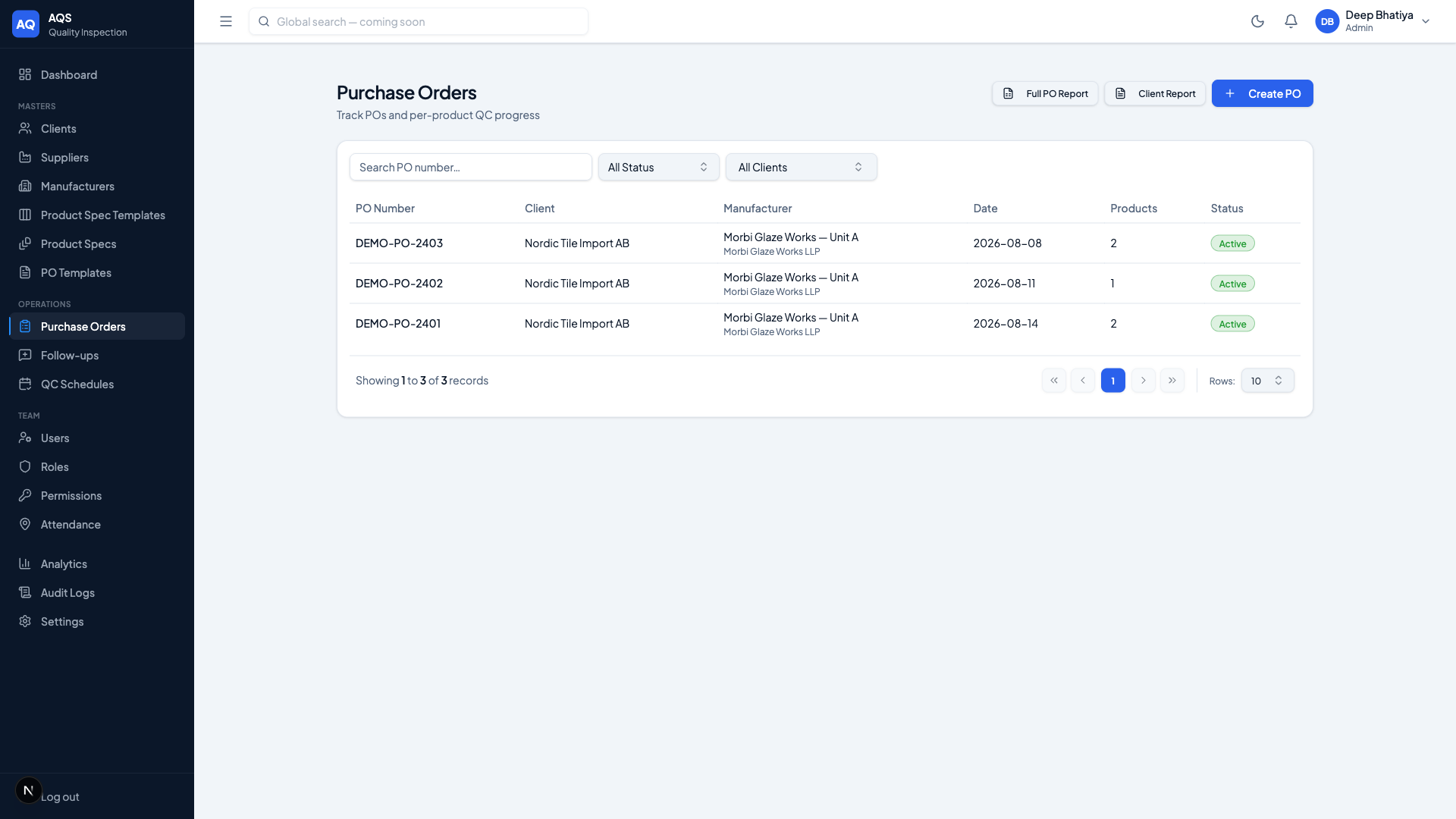 AQS Purchase Orders List