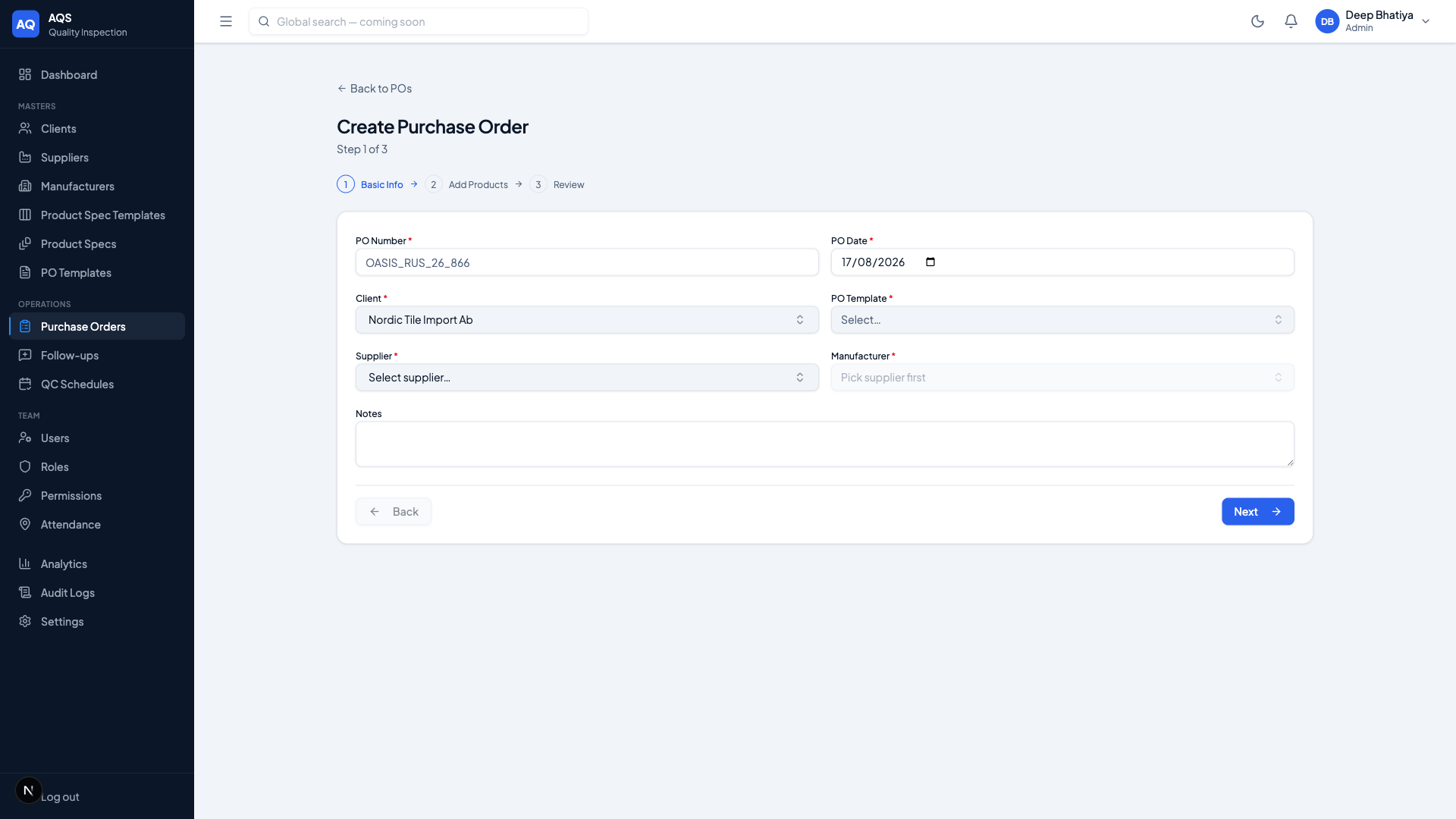 AQS PO Creation & Specification Configurator