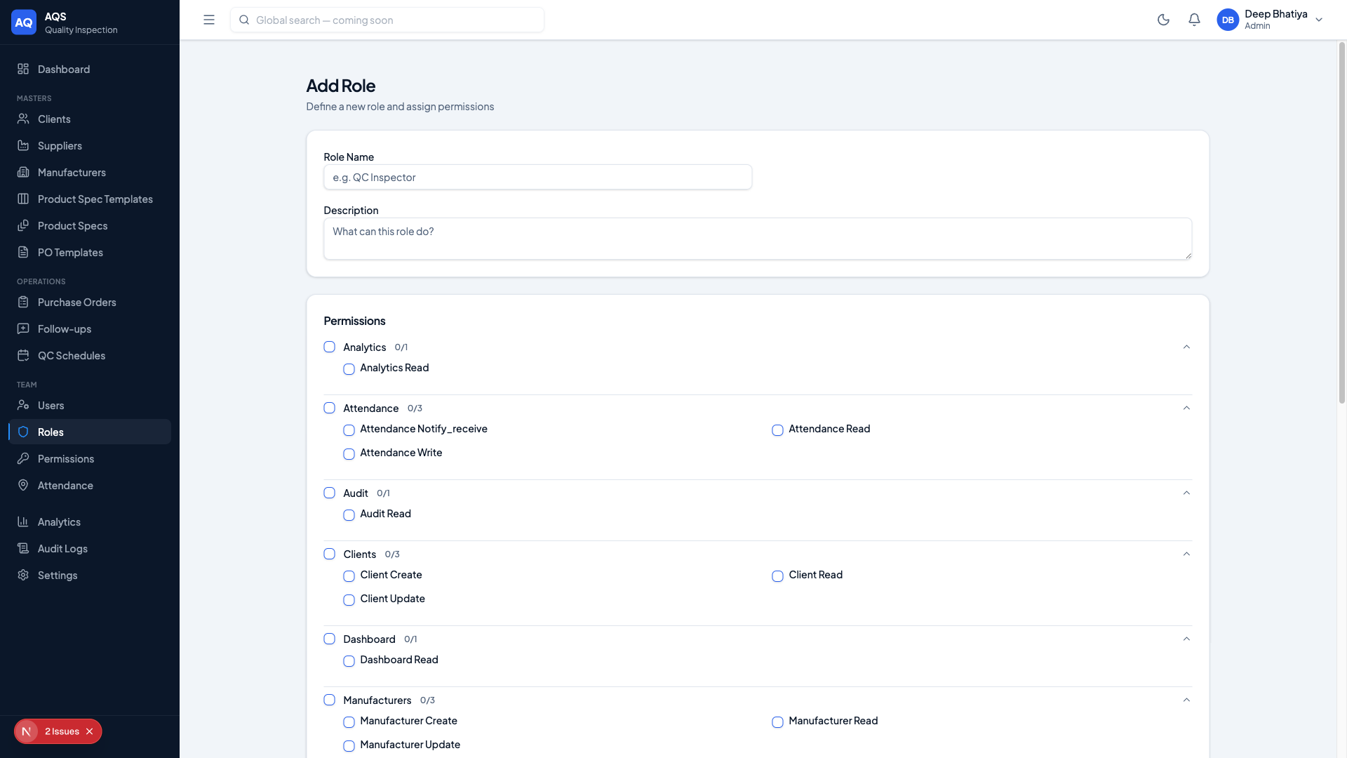 AQS RBAC Role & Permission Configuration