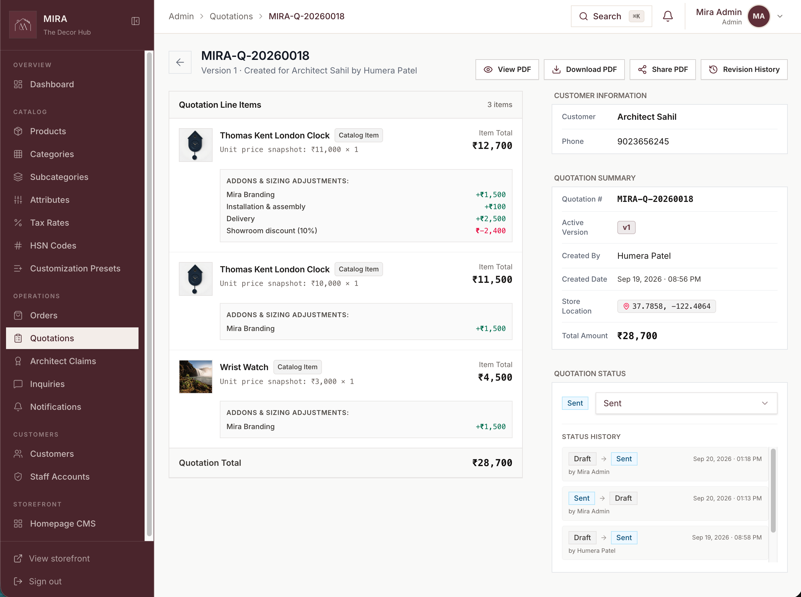 Admin quotation detail with line items and discounts