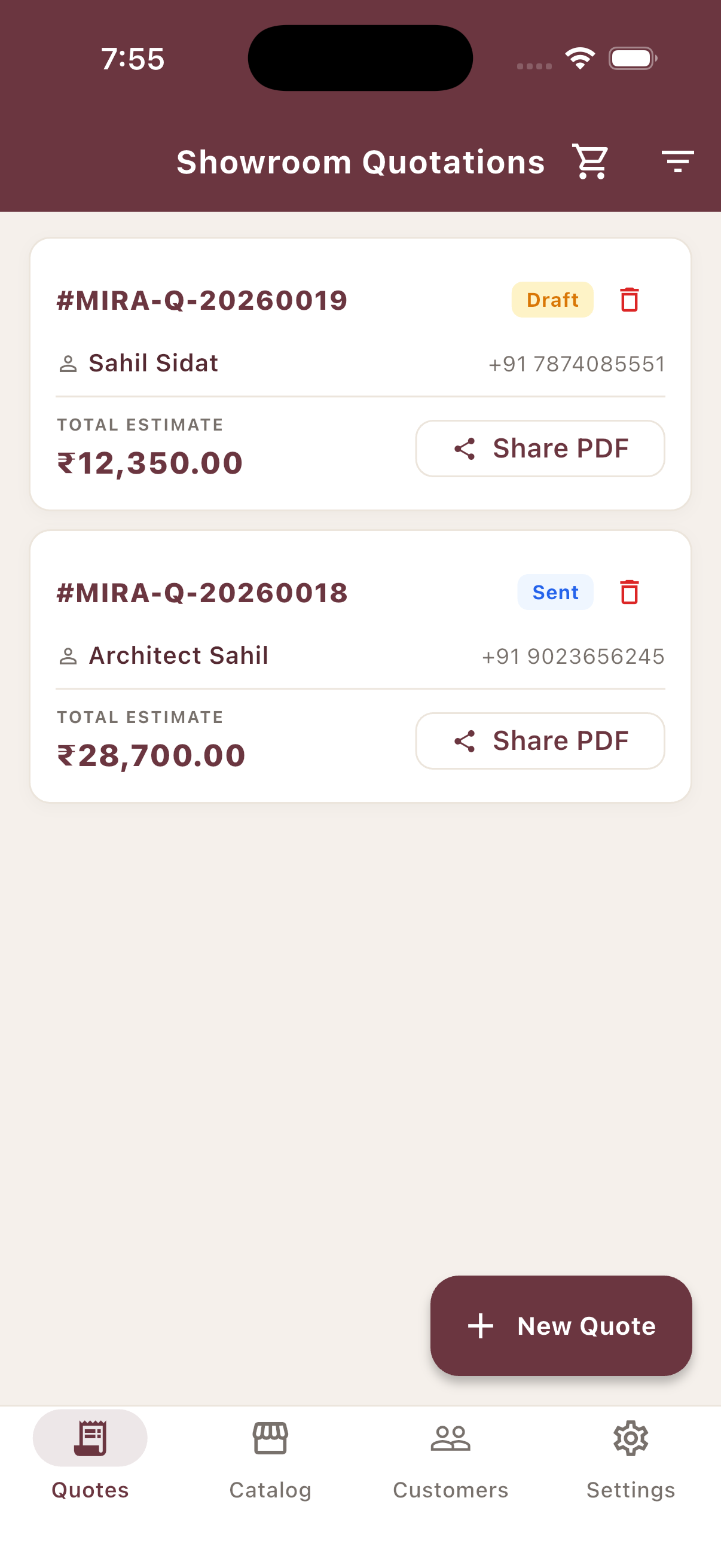 Showroom quotations list with Draft and Sent status badges