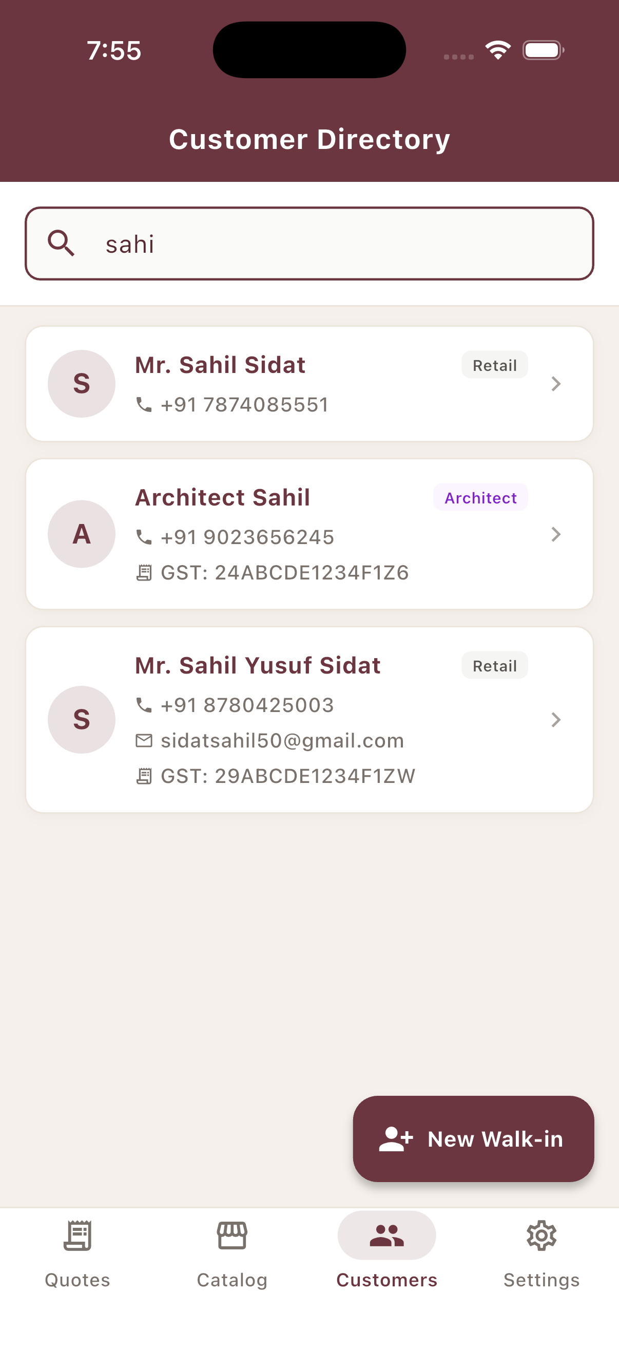 Customer directory search results