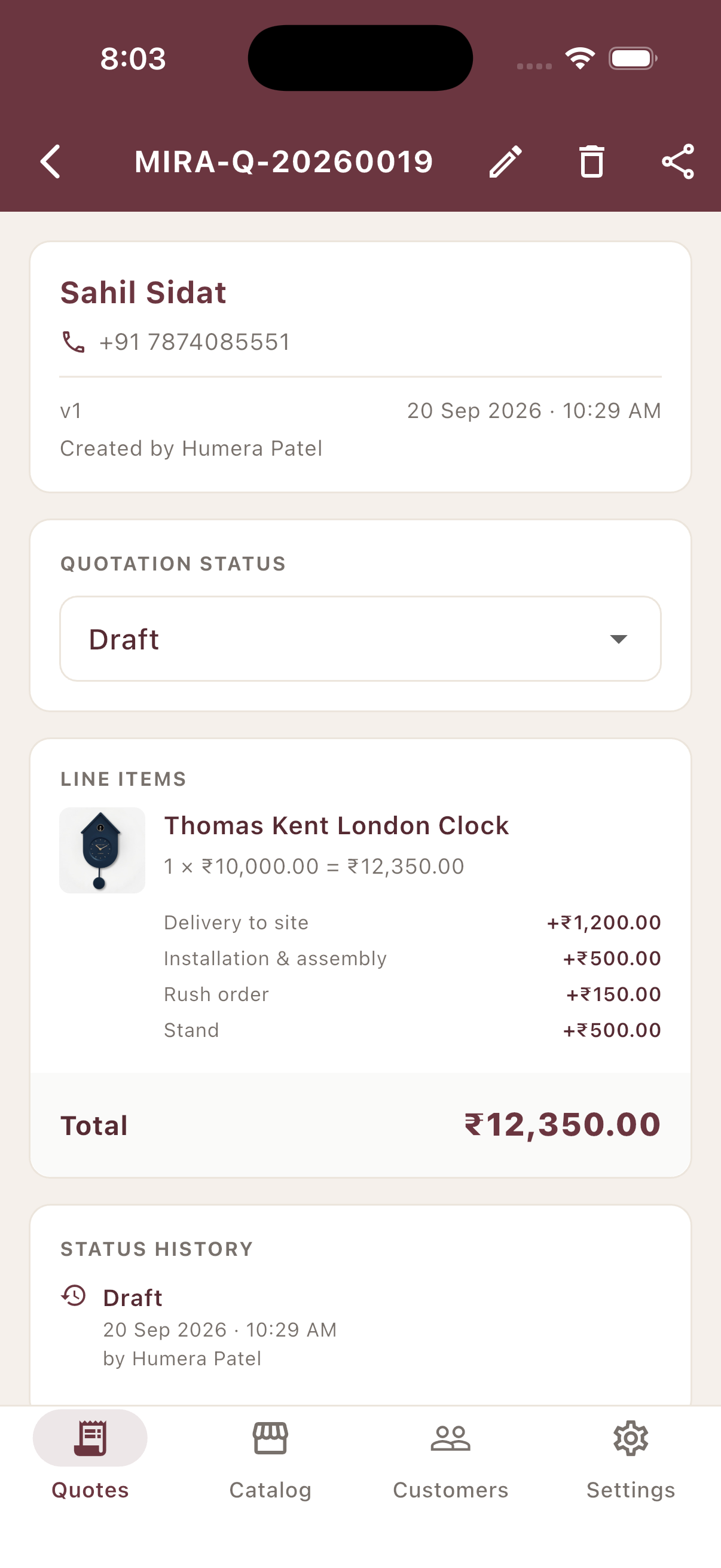 Quotation detail with line items and status history