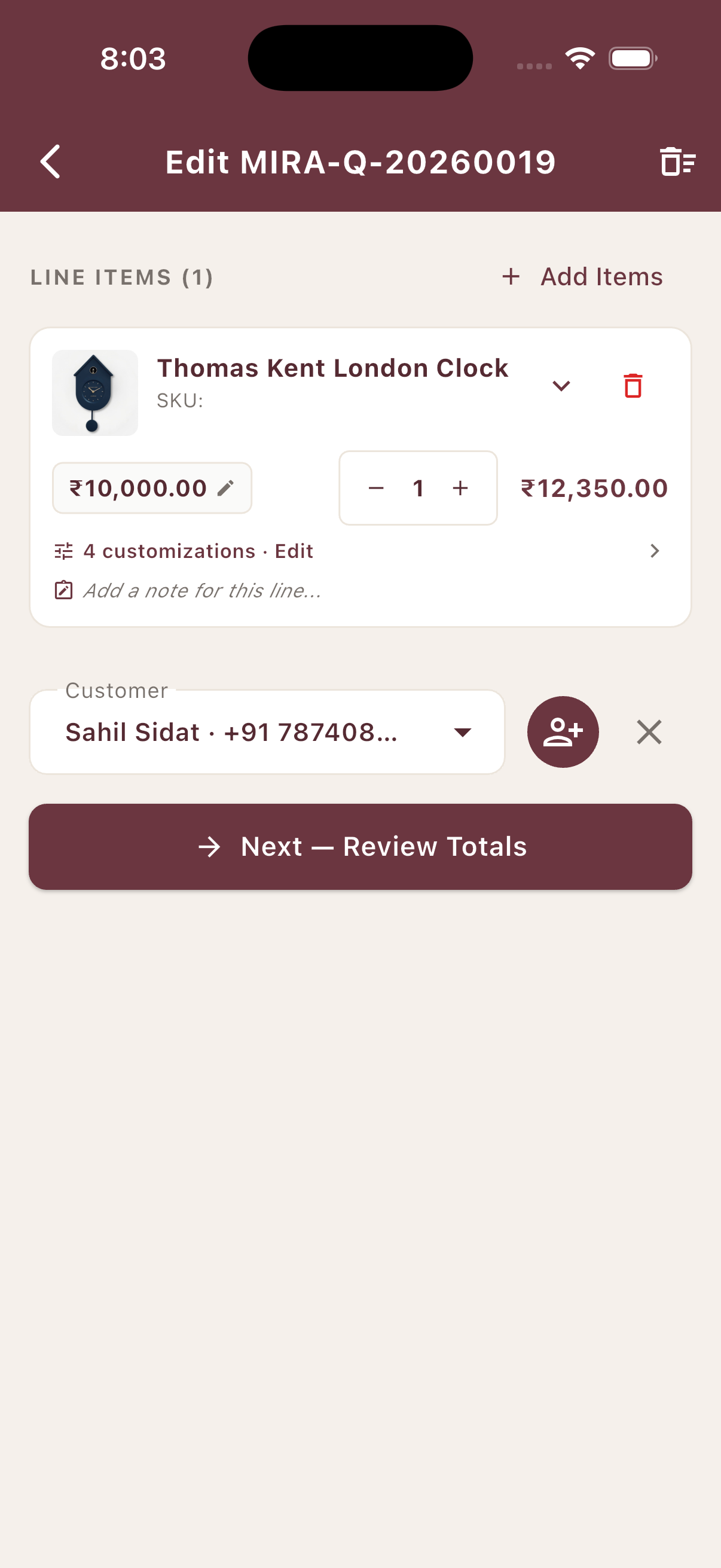 Edit quotation with customizable line items